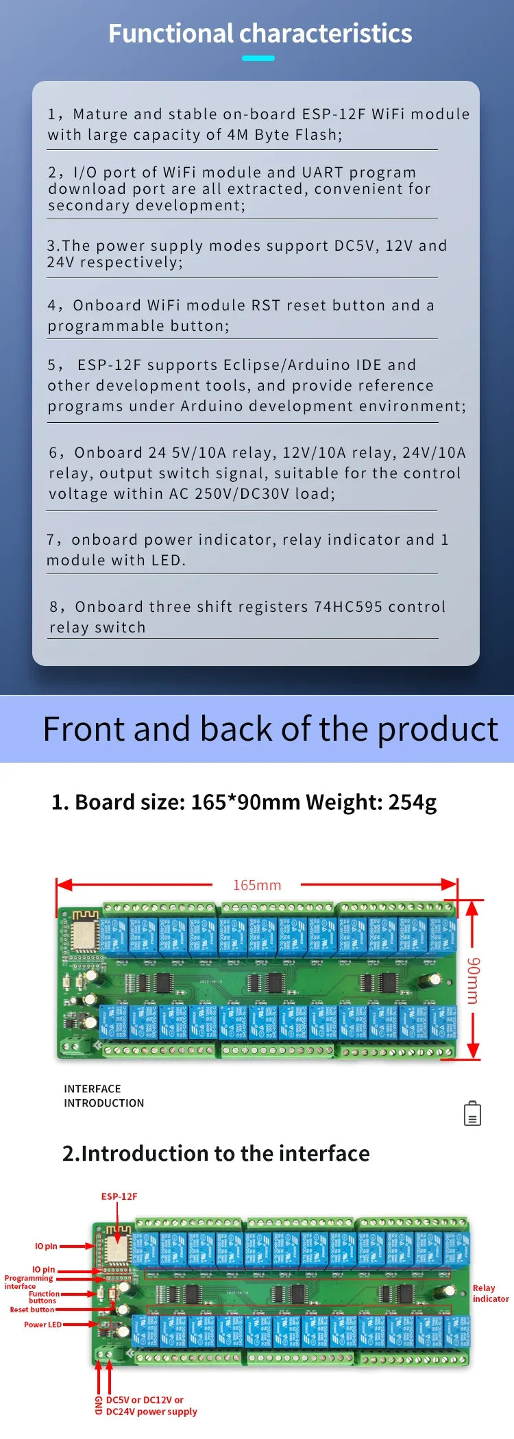 DC5V/12V/24V Power Supply ESP8266WIFI 24 Channel Relay Module ESP-12F Development Board