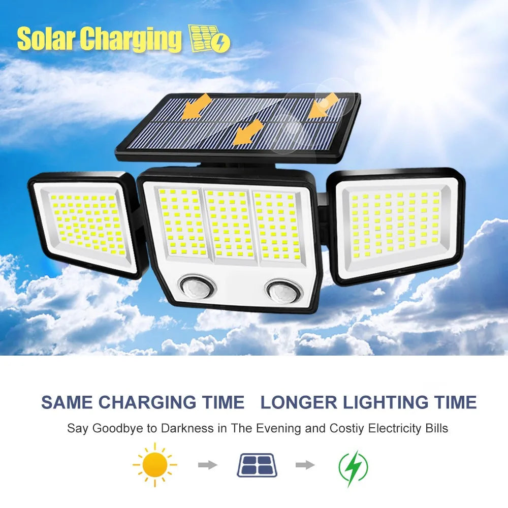 3 Heads Solar Motion Sensor Lights 236/223LED Solar Security Flood Lights Waterproof 3 Modes Wall Light Garden Yard Patio Pathwa