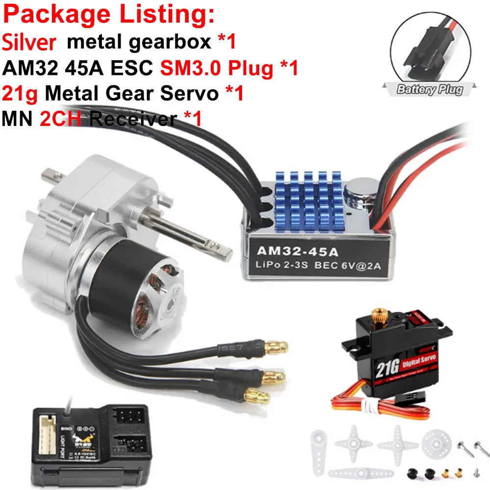 Full Metal Gearbox 2322 2600KV Brushless Motor AM32 45A ESC 21g Servo/2CH Receiver for RC Car Crawler MN82 MN78 MN168 MN99 MN98