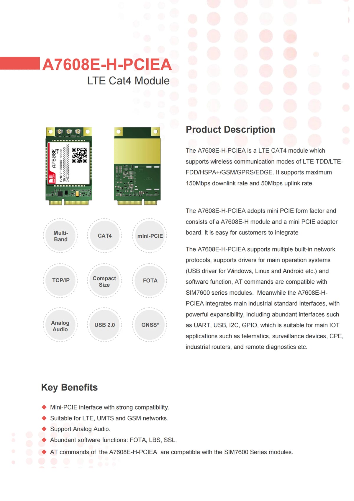 1pcs SIMCOM CAT4 4G LTE-module A7608E-H PCIE Support GPS Replace SIM5320E SIM5360E series SIM7600E with Antennas adapter pigtail