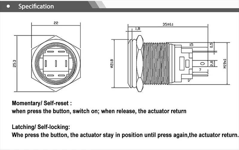 12V 19mm Warning LED Indicator Light Panel Metal Push Button Switch Lock and Momentary on Off with Dash LOGO Symbol