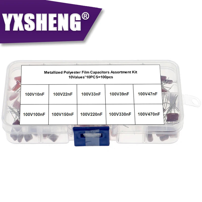 100PCS 100V Metallized Polyester Film Capacitor Assortment Kit With Box 10nF 22nF 33nF 39nF 47nF 100nF 150nF 220nF 330nF 470nF