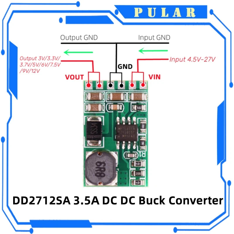 PLR 4.5V-27V to 3V 3.3V 3.7V 5V 6V 7.5 9V 12V DD2712sa 3.5A DC-DC Converter Module Buck Step-Down Voltage Regulator Board