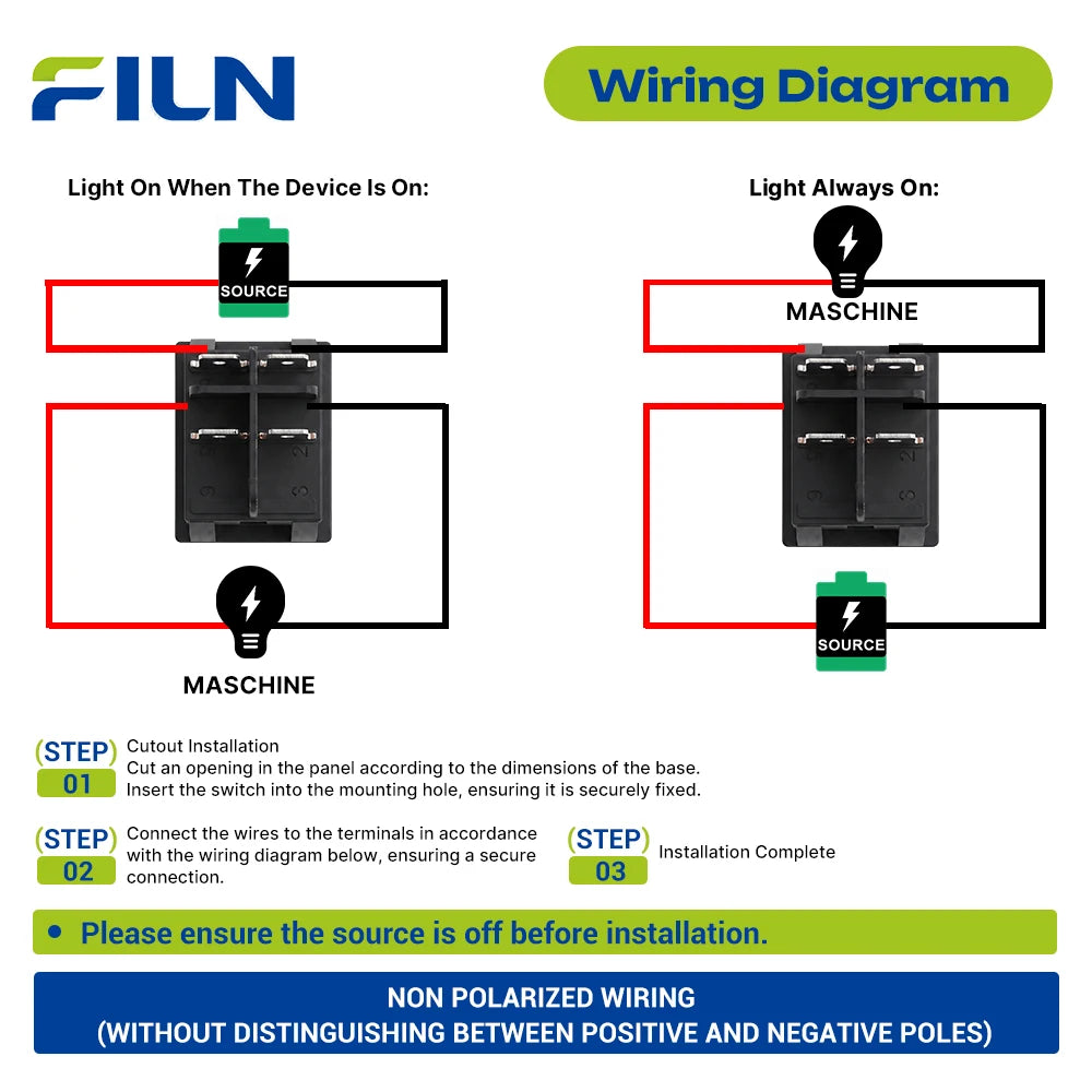 FILN 20A Rocker Switch 4 Pin ON-OFF 12V-24V 110V-220V Illuminated LED Power Switch PA66 Flame Retardant Marine Car Switch