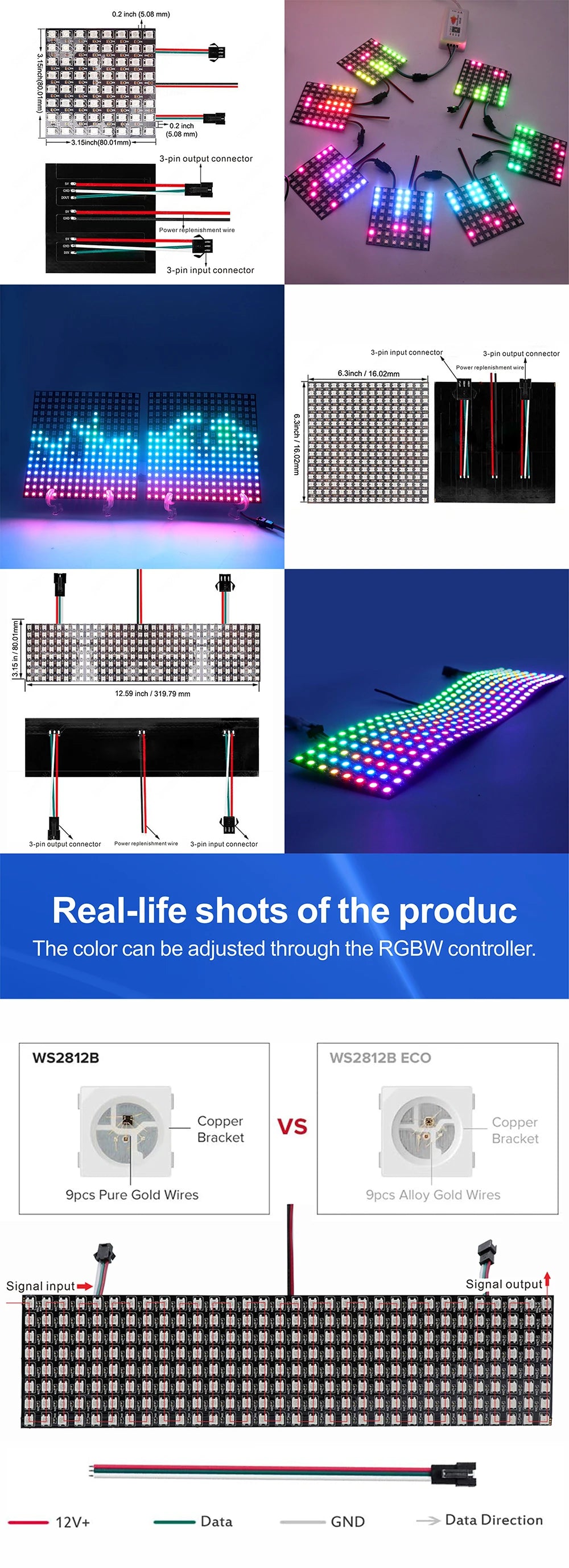 WS2812B RGB 4x12, 8x8, 16x16, 8x32 Pixel Display Screen. WS2812B, Individually Addressable, Digital Flexible Programmable, 5V.