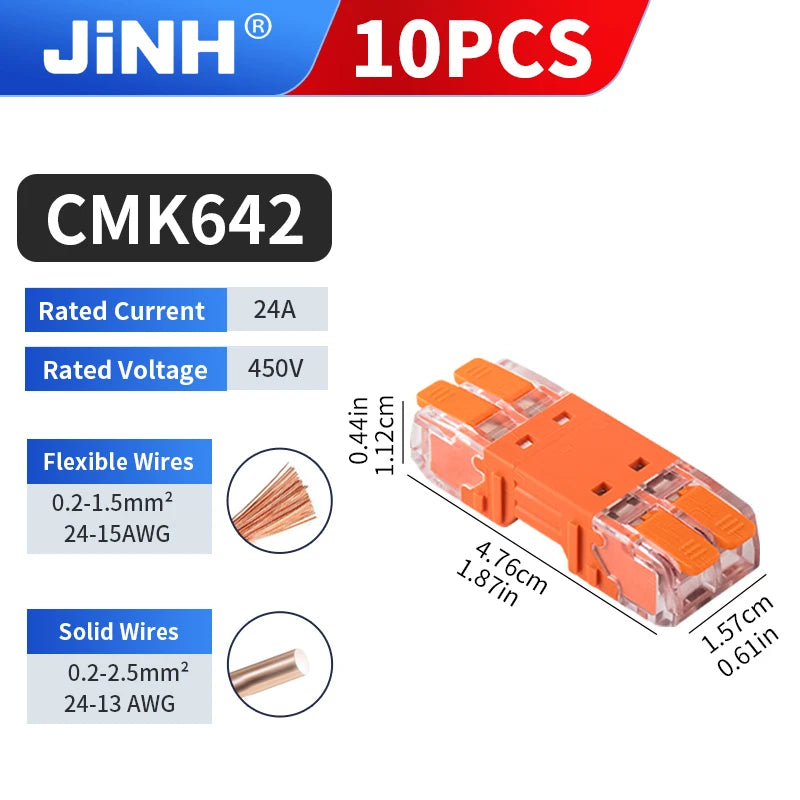 10PCS CMK 642 Quick Lever Wire Connectors 2 In and 2 Out for Compact Plug In Male Female Terminals Blocks Home Wiring 0.2-2.5mm²