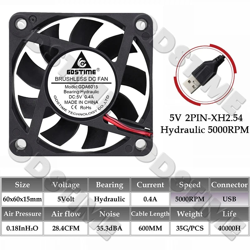 Gdstime 60MM Fan 24V 12V 5V Fan 60MMx15MM Brushless DC Exhaust Axial Cooling Fan 6cm 6015 Cooler for PC Equipment CPU Cooling
