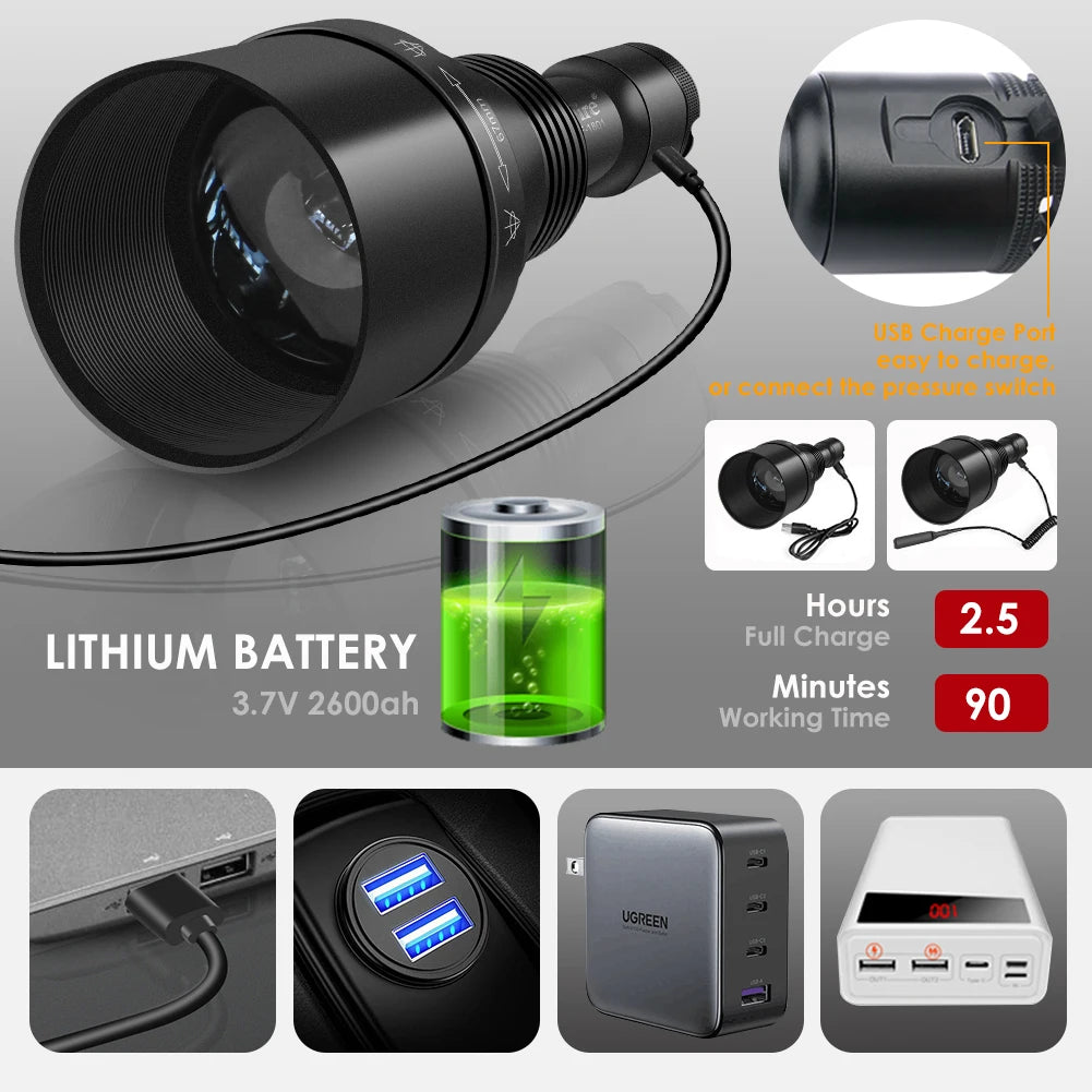 UniqueFire 1801 T38 T50 T67mm IR940nm 850nm LED Infrared Flashlight illuminator USB Rechargeable IR Hunting Torch Night Vision
