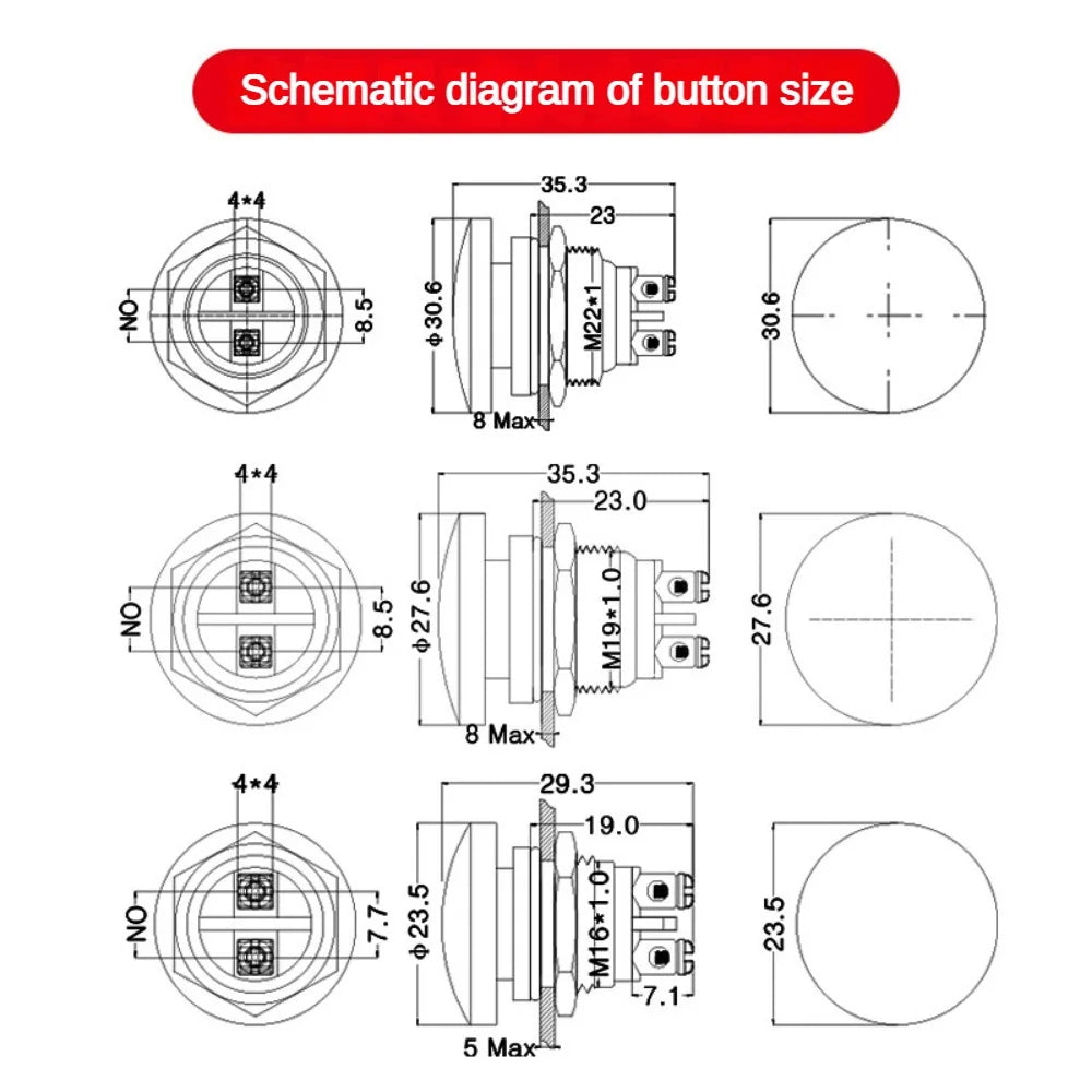 16/19/22mm Metal Button Switch Waterproof Momentary Self Reset Screw Foot Red Green Blue Mushroom Head Power Switch
