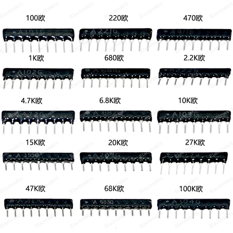 75pcs 15 Types Network Resistor Assorted Kit 1 x 9pin A09-101 221 471 681 102 222 472 682 103 153 203 273 473 683 104