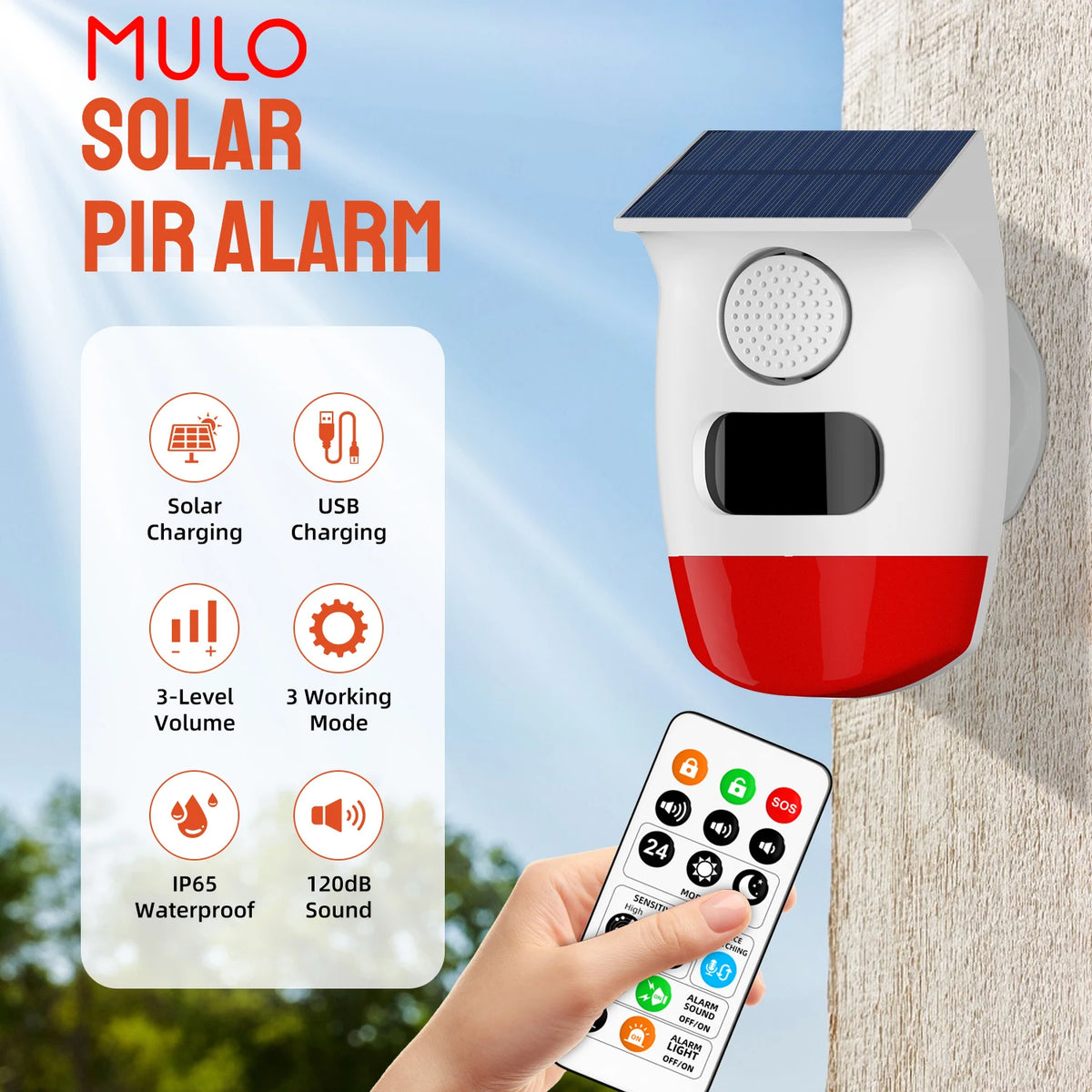 Outdoor Solar Alarm PIR Infrared Motion Sensor 120dB Siren Sound Light Flash Waterproof Security Protection for Yard