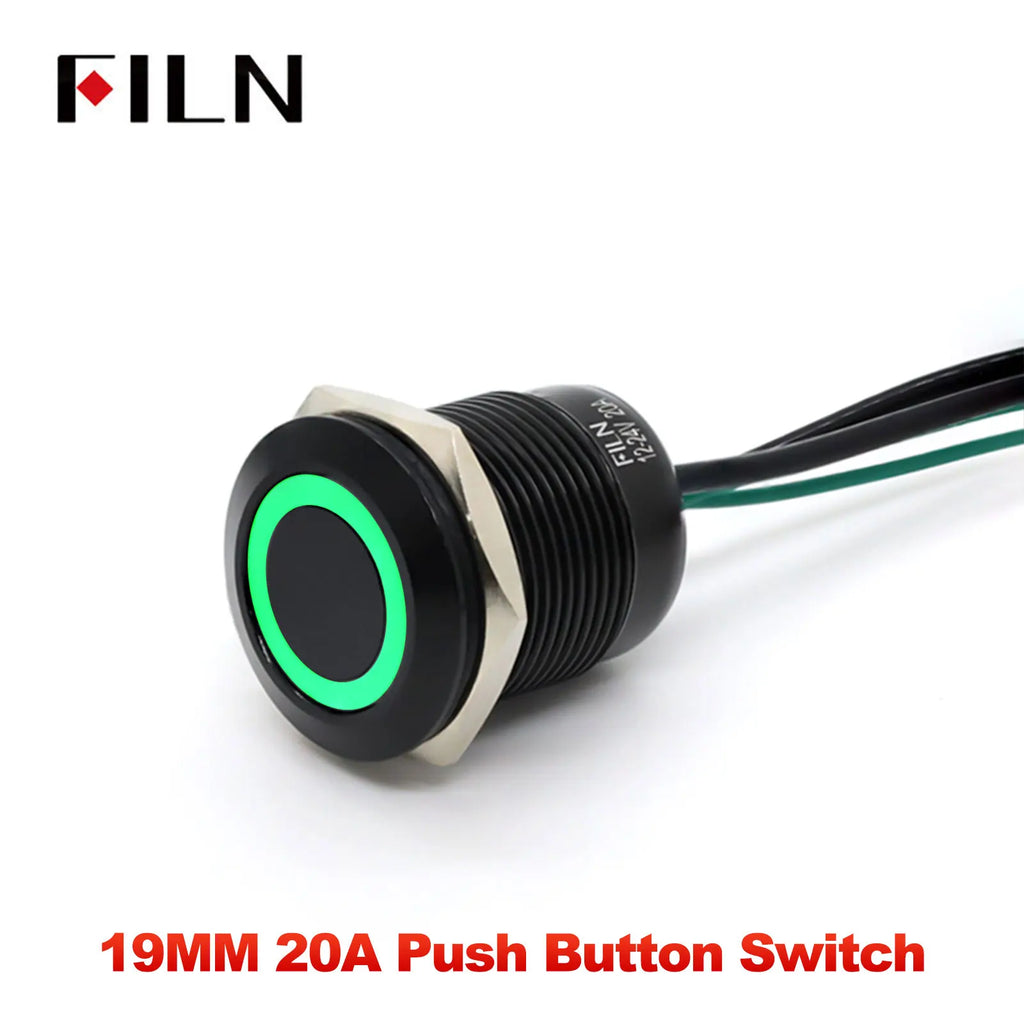 FILN 19MM 20A 12V 24V 110V 220V LATCHING MOMENTARY Flat Ring Round Push Button Switch IP66 Metal Stainless Steel  with 20cm Wire