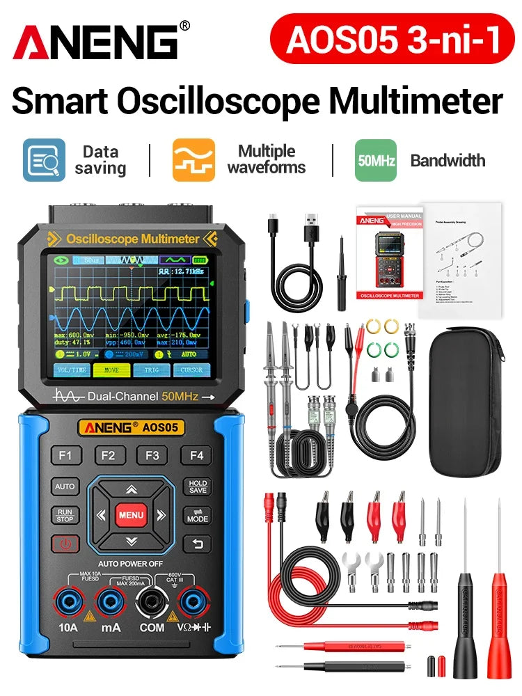 Dual-channel Oscilloscope Rechargeable 50MHz Bandwidth 200MSa/s Sampling Smart Automatic 3-in-1 Detector 25000 Count ANENG AOS05