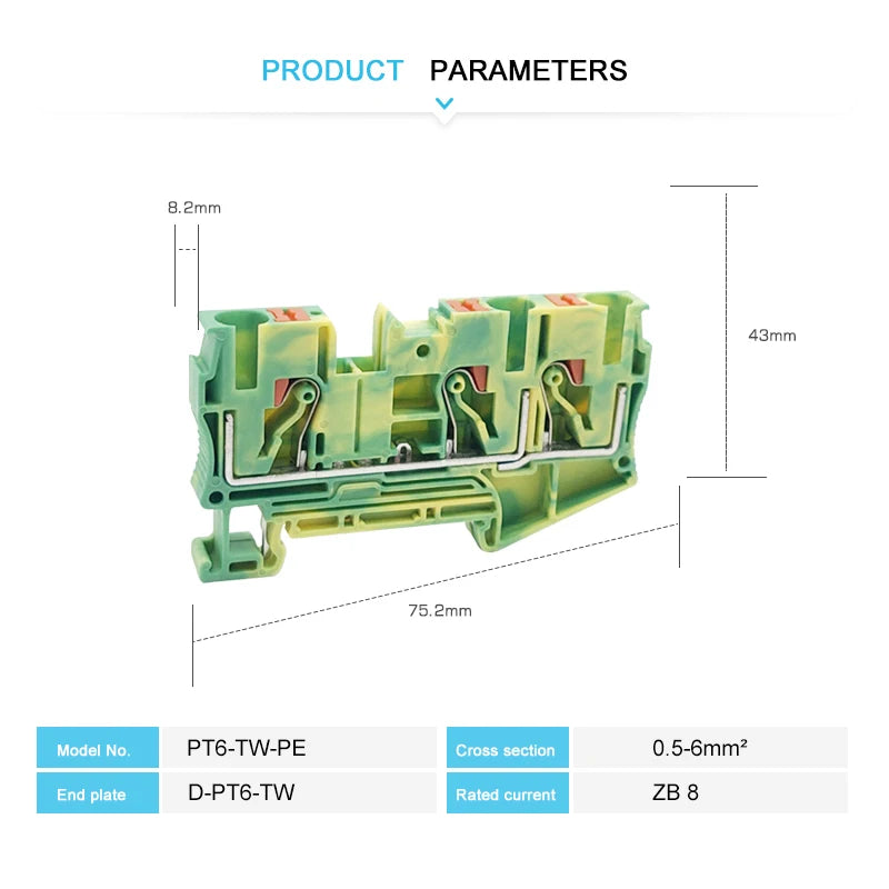 PT6-TW-PE Push-in Ground Terminals 6mm 1-in 2-out Din Rail Terminal Block Earthing Cable Connector Electrical PT 6-TWIN-PE