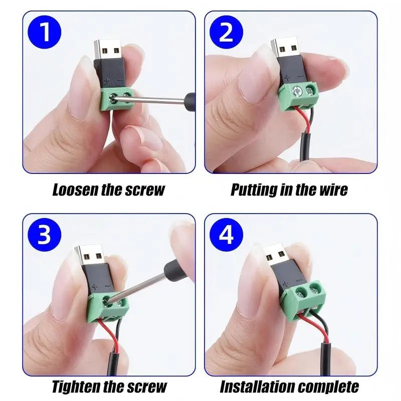 USB 2.0 Type A Male to 2 Pin Terminal Block Solderless Quick Connect Green Terminal for Charging Cable Power Bank DIY Connector