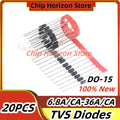 20PCS TVS Diodes P6KE 6.8A, 7.5A, 8.2A, 9.1A, 10A, 11A, 12A, 13A, 16A, 18A, 15A, 24A, 27A, 30A, 36CA Unidirectional and Bidirect