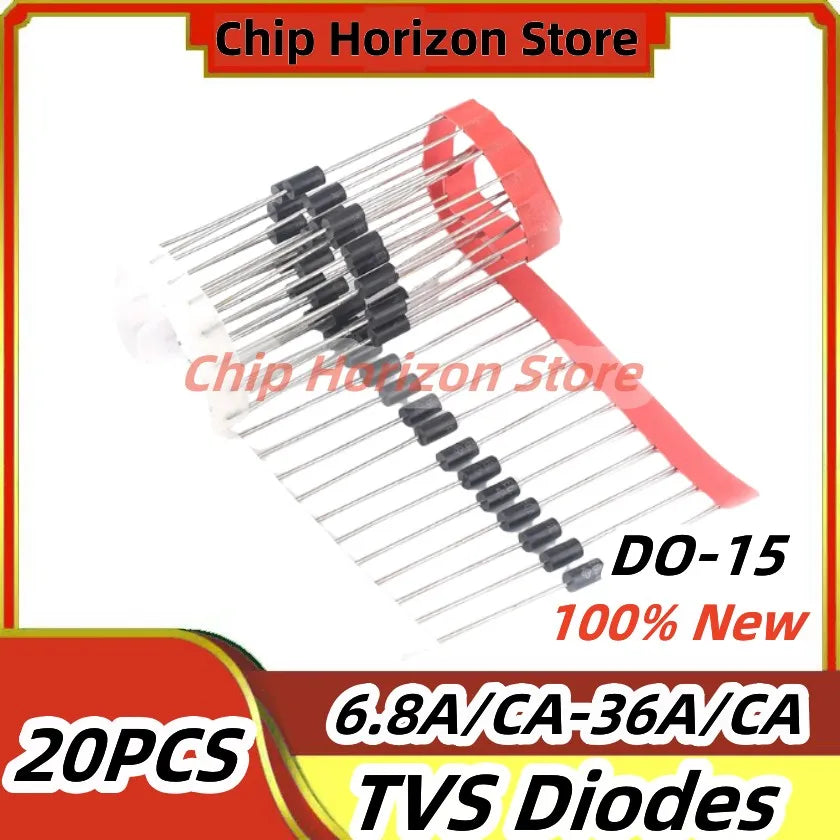 20PCS TVS Diodes P6KE 6.8A, 7.5A, 8.2A, 9.1A, 10A, 11A, 12A, 13A, 16A, 18A, 15A, 24A, 27A, 30A, 36CA Unidirectional and Bidirect