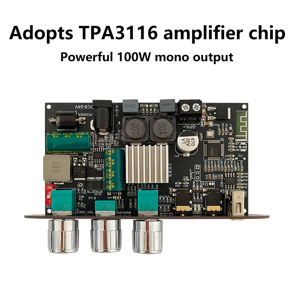 ZK-1001UM DC 9-24V mono 100W Bluetooth amplifier board TPA3116D2 supports TWS to speaker karaoke microphone reverb