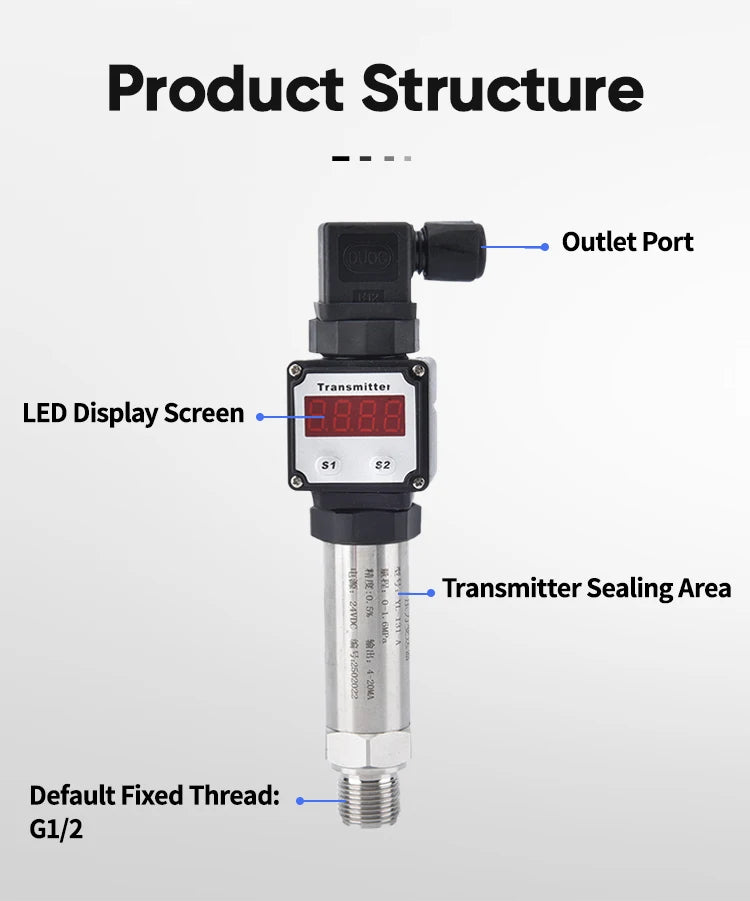 CG LED Display Pressure Transmitter 4-20mA/0-10V Output G1/2  High Precision Pressure Sensor for Water Oil Gas and liquid