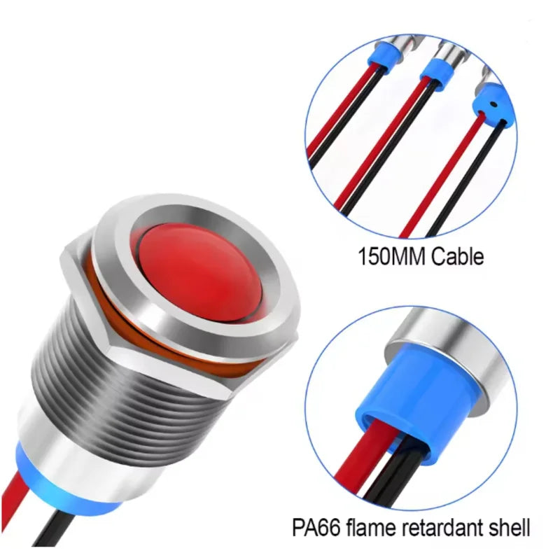 6mm LED waterproof metal indicator light signal light with wire 6V -12V -24V 24V 220V red/yellow/blue/green/white metal button