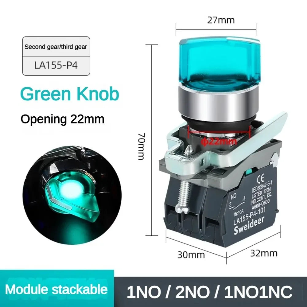 XB4 Knob Switch with Light 22mm 2/3Position Self Locking 1NO/2NO/1NO1NC Select Rotary Switch with LED 12V 24V 220V 10A Red Green