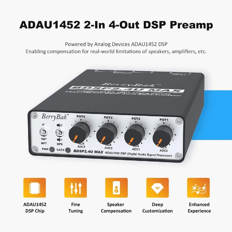 2IN 4OUT ADAU1452 Digital DSP Audio Processor BDSP2.4U MAX 2-Way Crossover Audio Tuning Board with Hardware Control Knobs