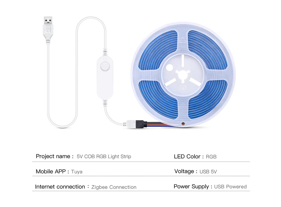 RGB LED Smart Life Zigbee Controller COB LED Strip USB Lights 5V Tuya Wifi Switch 3500K 5000K 6000K Smart Lamp 1/2/3/5M LED Tape