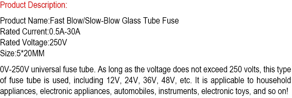 10PCS 5*20MM Fast Blow/Slow-Blow Glass Tube Fuse with Lead Wires 0.5A 1A 2A 3A 4A 5A 6A 7A 8A 10A 12A 15A 20A 30A 250V