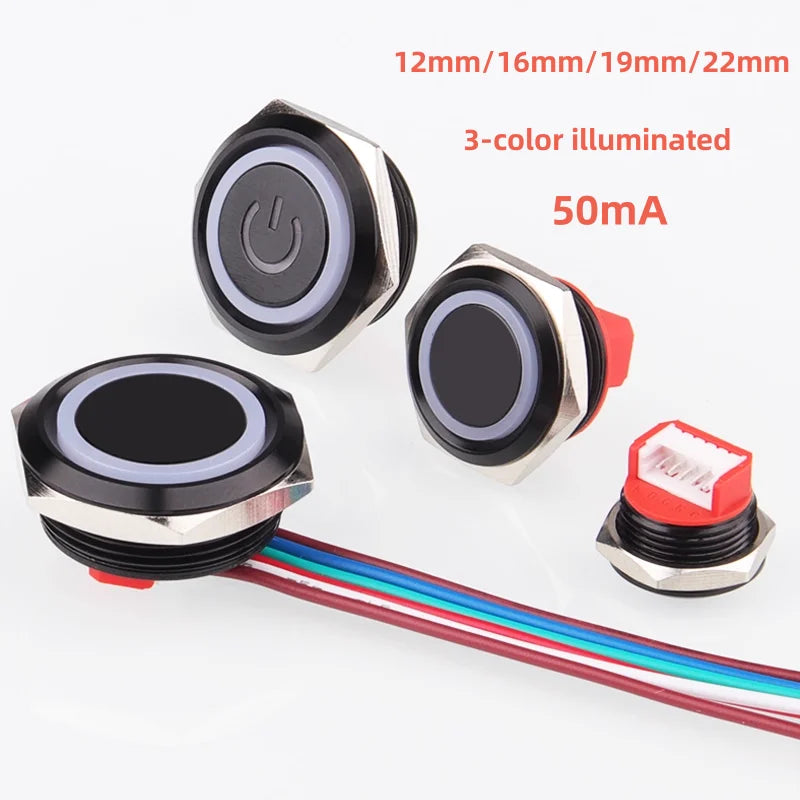 12 16 19 22mm Oxidized Black Ultra-thin Light Touch Button Tri-color Switch Waterproof IP65 Start Power Signal