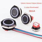 12 16 19 22mm Oxidized Black Ultra-thin Light Touch Button Tri-color Switch Waterproof IP65 Start Power Signal