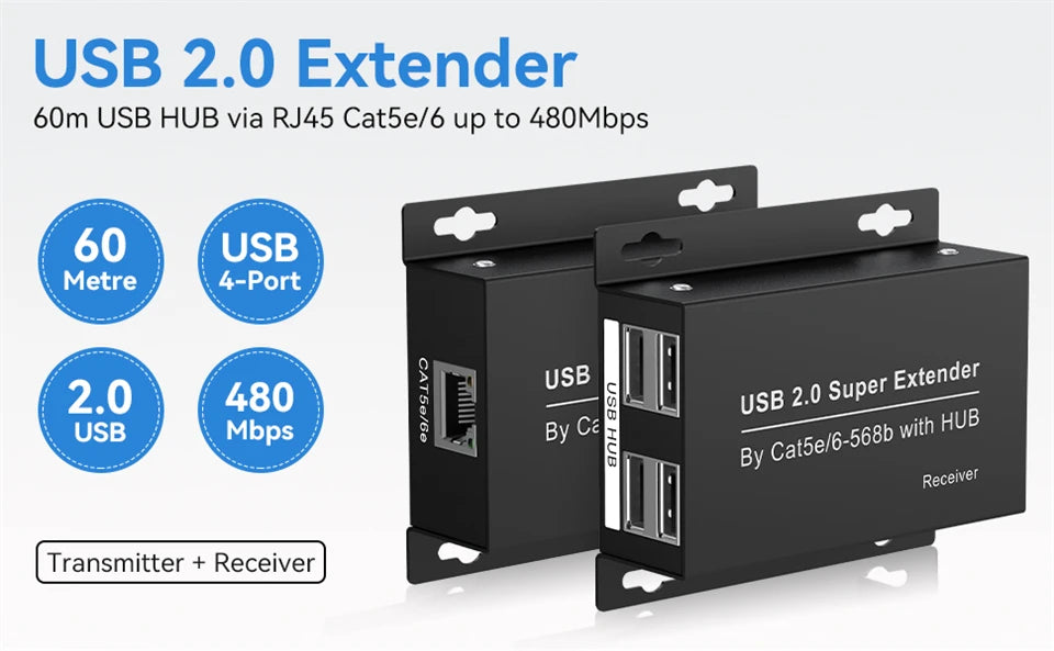 ProAV USB 2.0 Extender 60M Over CAT6 RJ45 Cable 4 Port USB HUB Extension By Ethernet for Webcam Camera Printer Keyboard Mouse