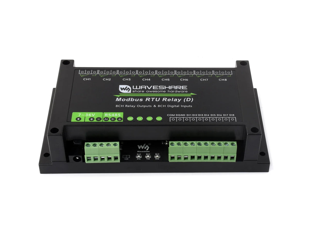Waveshare Industrial Modbus RTU 8-ch Relay Module (D) With Digital Input and RS485, Modbus RTU Protocol, 7~36V Power Supply
