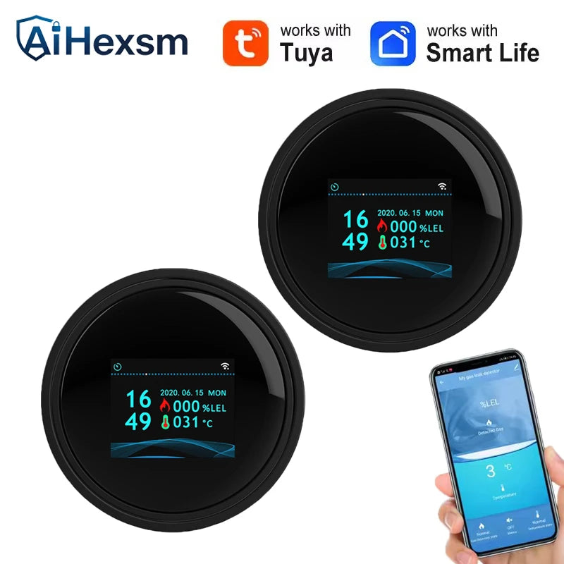 Tuya Wifi Leak With Temperature Function Combustible Gas Detectors Support Home Smart Life Natural Gas Alarm Sensor LCD Display