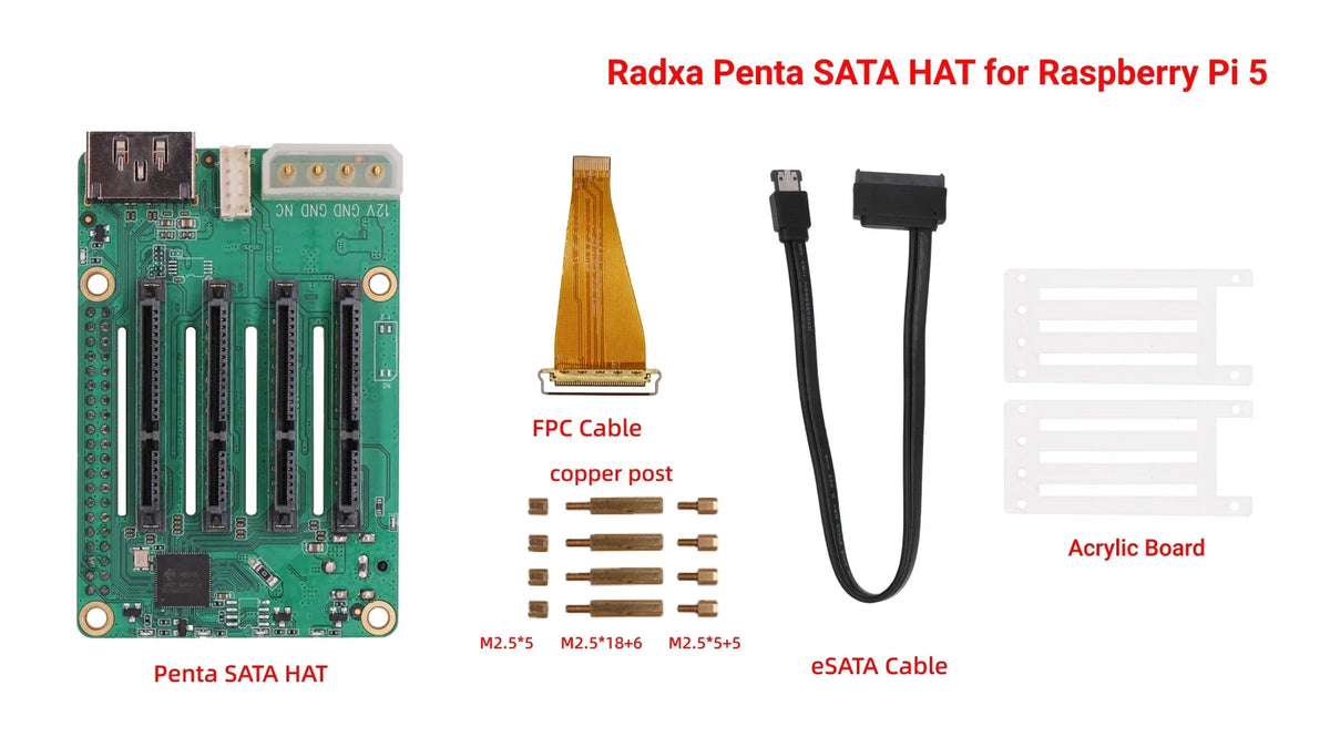 Penta SATA HAT / Top Board /Set Optional, For Raspberry Pi 5 -Up to 5x SATA Disks HAT