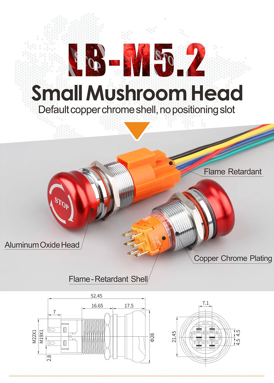 LANBOO 19mm 22mm Metal Emergency STOP Mushroom Push Button Switch Latching Button Switch with LED