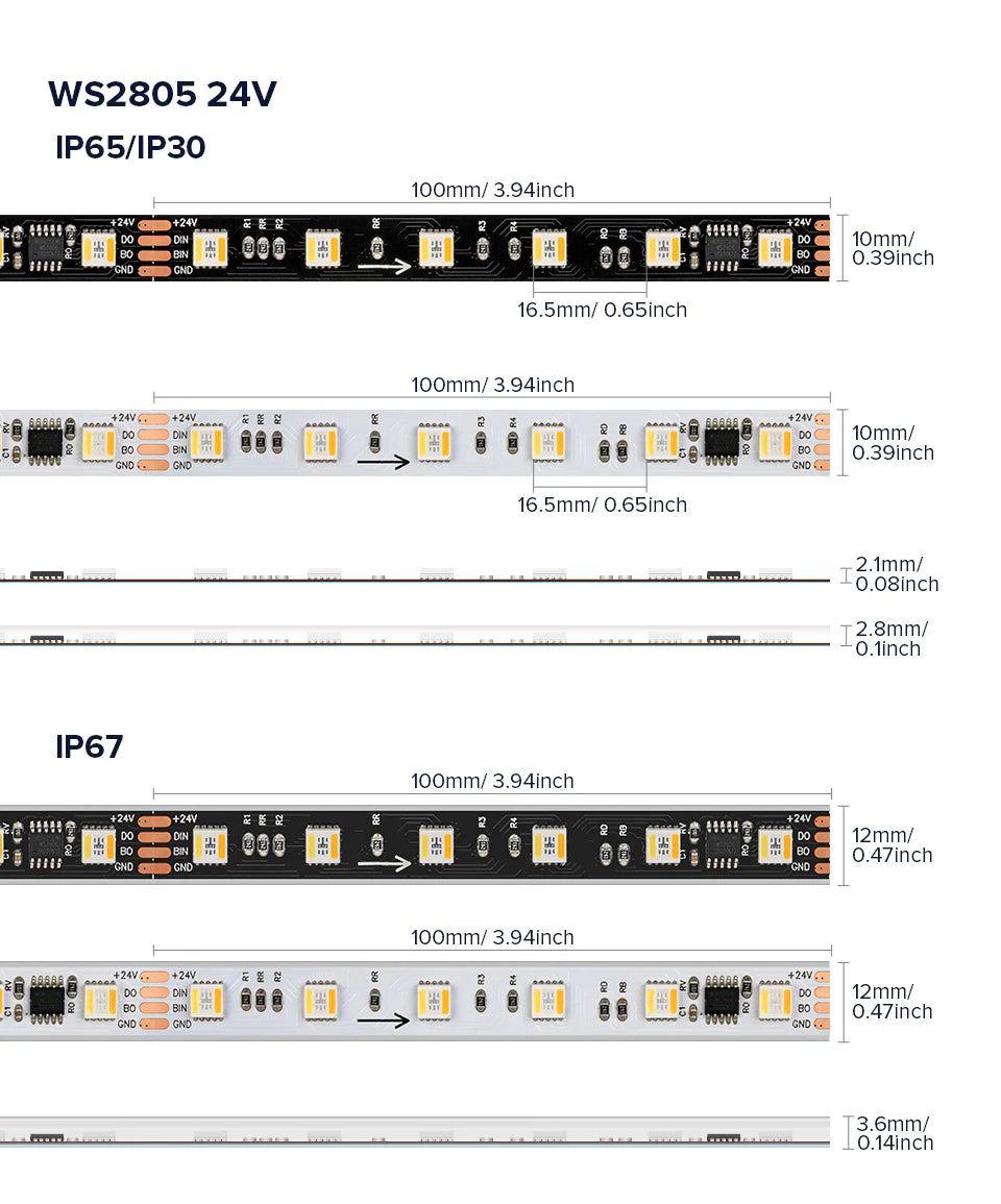 WS2805 Pixels LED Strip Light RGBCCT 5 in 1 Addressable LED Lights Dual Signal RGB WW CW 3000K-6500K DC12V 24V 1 IC to 3/6/7 LED
