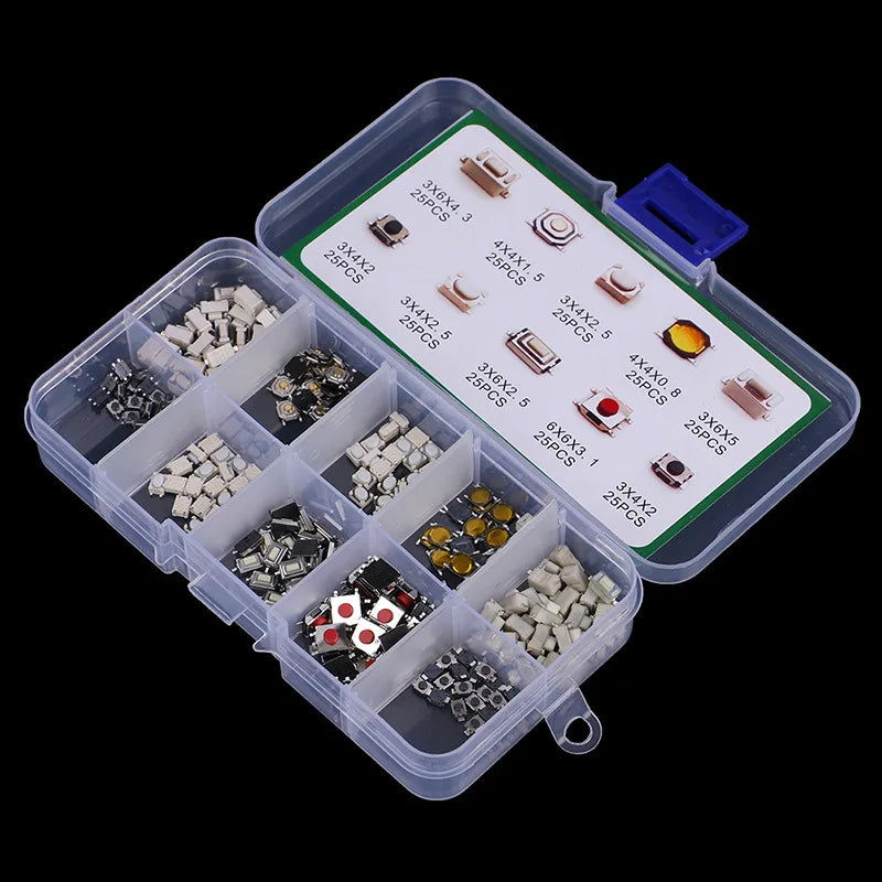 250Pcs 10 Types Car Remote Key Switch Button Kit SMD Tactile Push Switch 44 36 Micro Mini Keys Assortment Pack for Auto Remote C