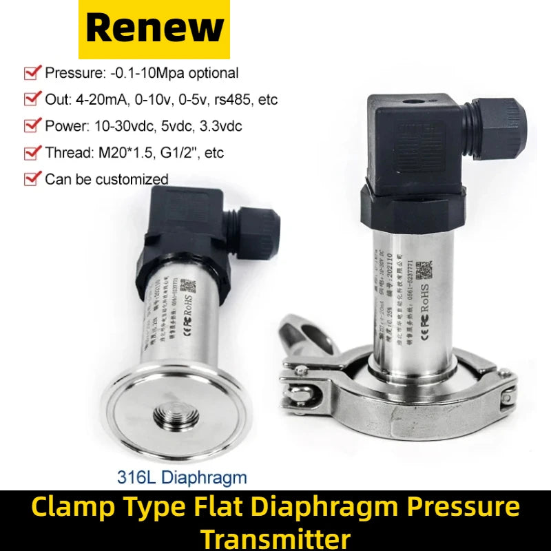 Food Industry Sanitary Diaphragm Pressure Transmitter Flat Film Quick Fit Anti-blocking Clamp 50.5mm Pressure Transducers