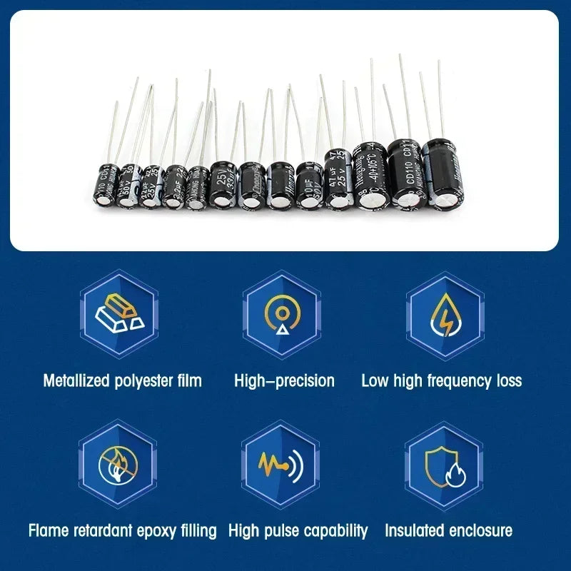 720pcs/set 1UF-470UF Electrolytic Capacitor Kit + 10Ω~1MΩ 1/4W Metal Film Resistor Assortment Set for DIY Electronic Repair
