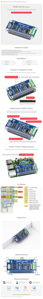Waveshare RS485 CAN HAT For for  for Raspberry Pi 5/4B/3B/Pi Zero/Zero, Allows Stable Long-Distance Communication via RS485/CAN