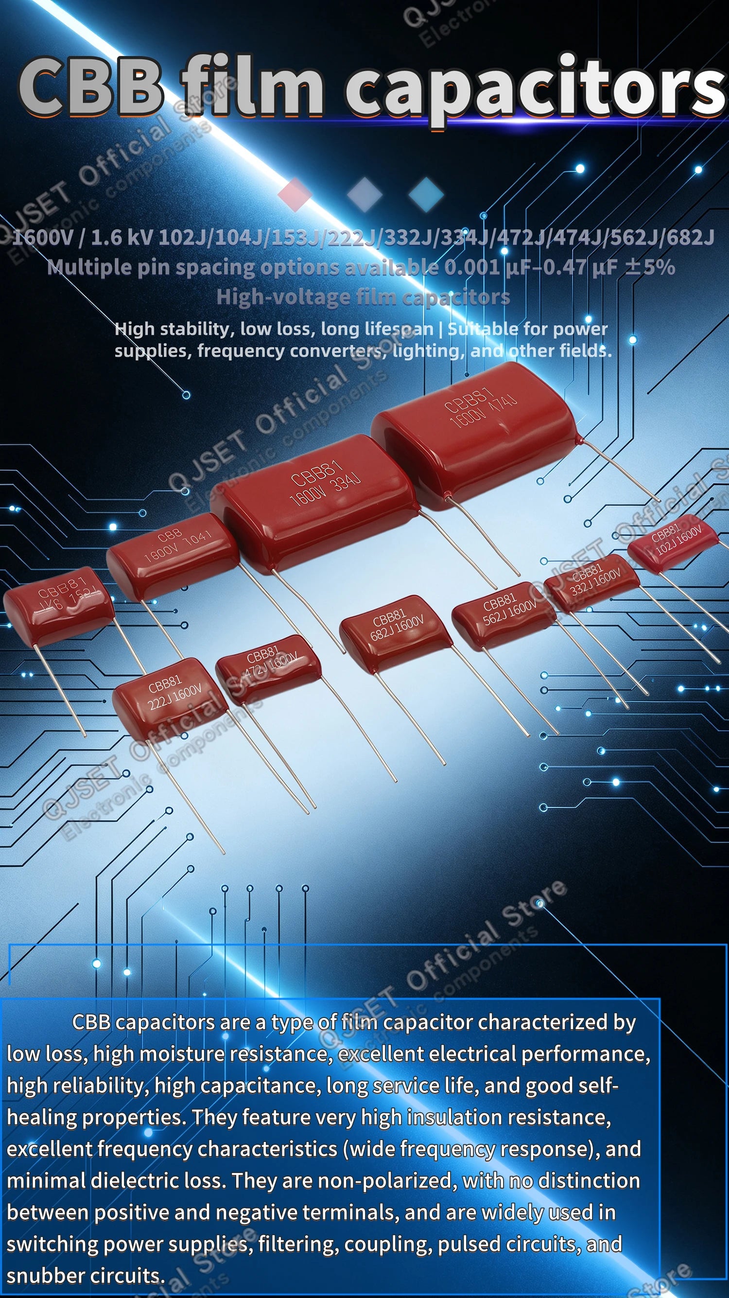 10Pcs CBB81 Metallized Polypropylene Film Capacitors High-Voltage 1.6 kV 1600 V 102j 104j 153 222 332 334 472 474 562 682J 0.1uf