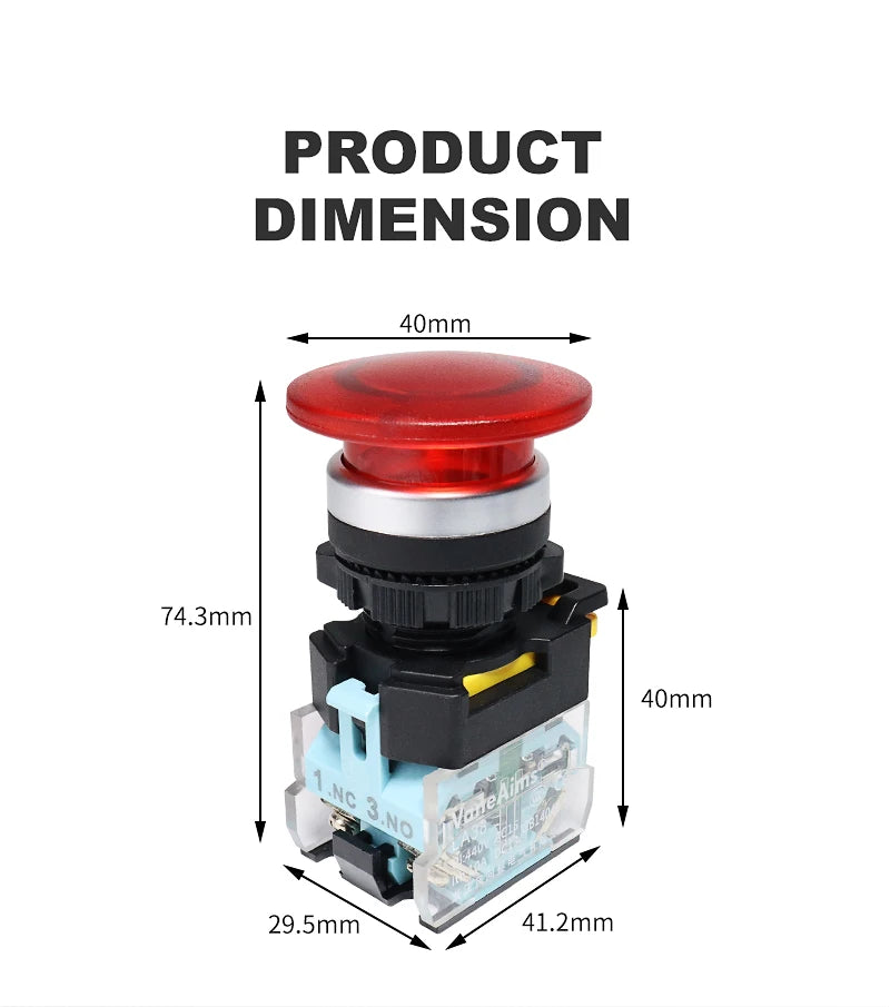 Big Red Green Mushroom Push Button Switch Vaneaims 22MM FXB38 10A 1NO1NC Latching Momentary Starter Stop Enter Buttons Switches