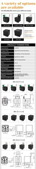LANBOO 40A High Power Automotive Relay Car Control Relay for 12V/24V Vehicles for Automotive Use