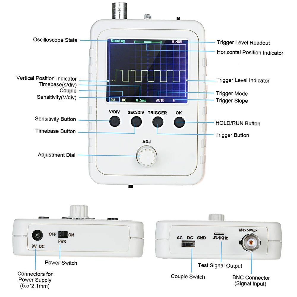 DSO PRO Handheld Digital Oscilloscope Portable Palm Size Oscillograph 5M Bandwidth 20MS/s Sampling Rate with P6100 BNC Probe