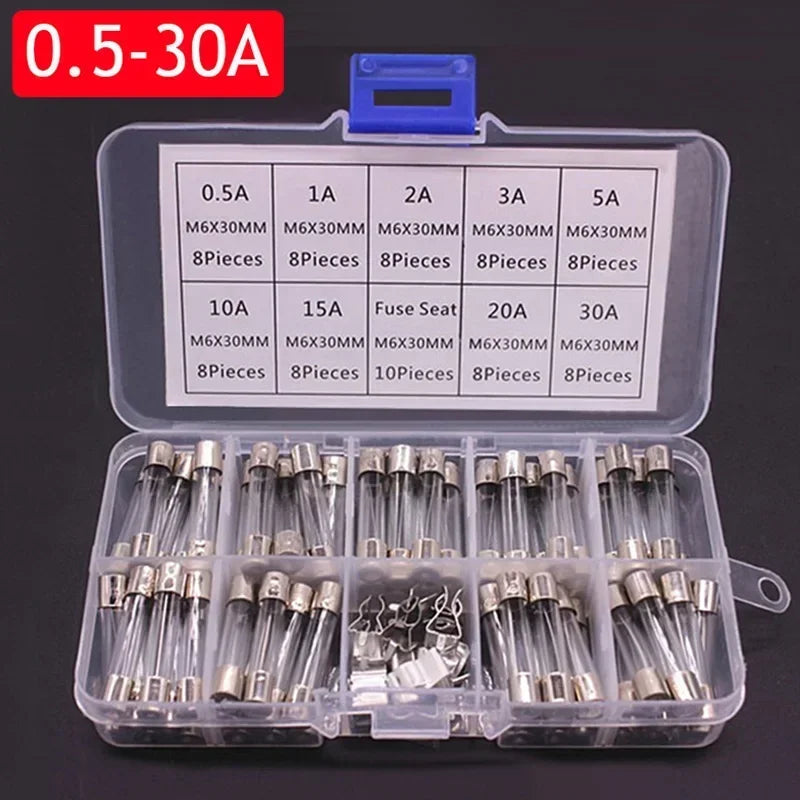 100/72pcs Car Fast-blow Glass Fuses Car Glass Tube Fuses 0.2-20A 0.5-30A Assorted Kit for Car Light Inflator Vacuum Cleaner