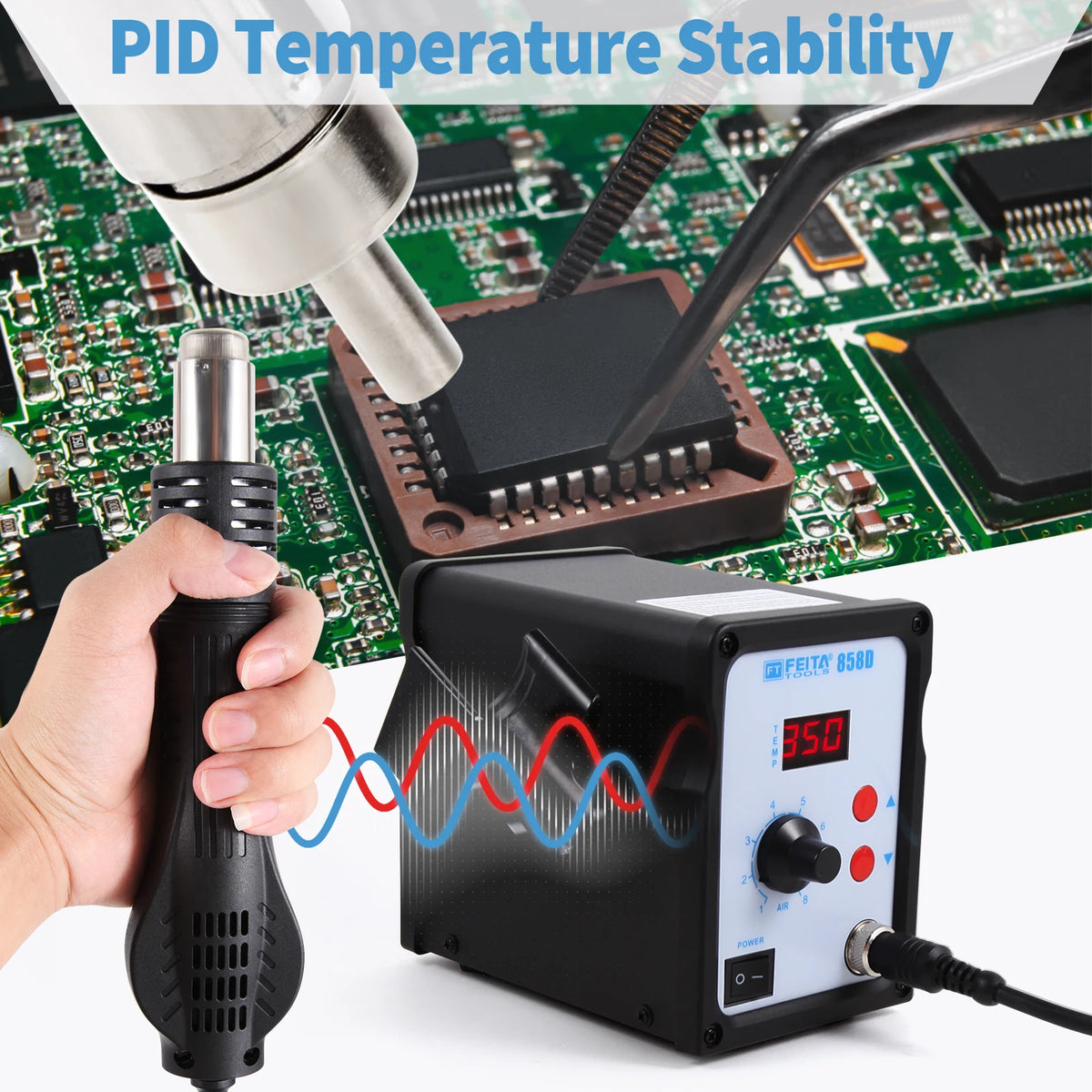 FEITA 858D Hot Air SMD Rework Station Digital Soldering Heat Gun Tool Kit with 3 Nozzles, 1 Heating Element, Extras Accessories