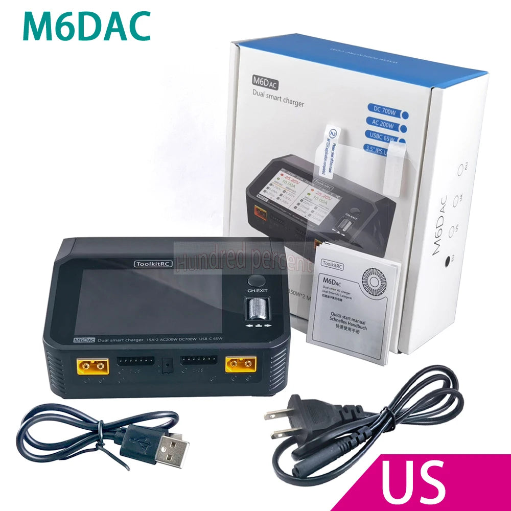 ToolkitRC M6DAC Dual Channel Smart Lipo Battery Charger Discharger AC 200W DC 350WX2 15A for 1-6S LiHV PD 65W