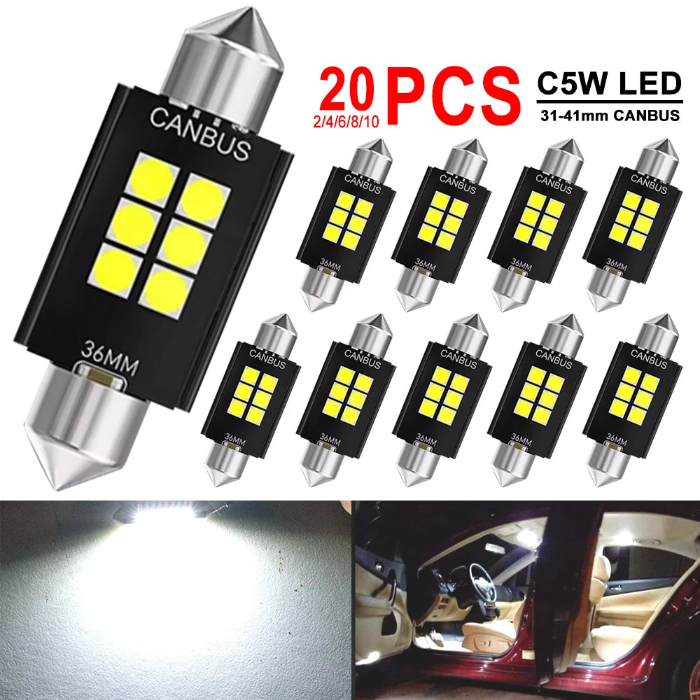 2/4/10/20 PCS C5W LED Bulb Canbus Festoon 31/36/39/41MM 12V 3030-6SMD 6500K White Car Interior Dome Reading License Plate Lights