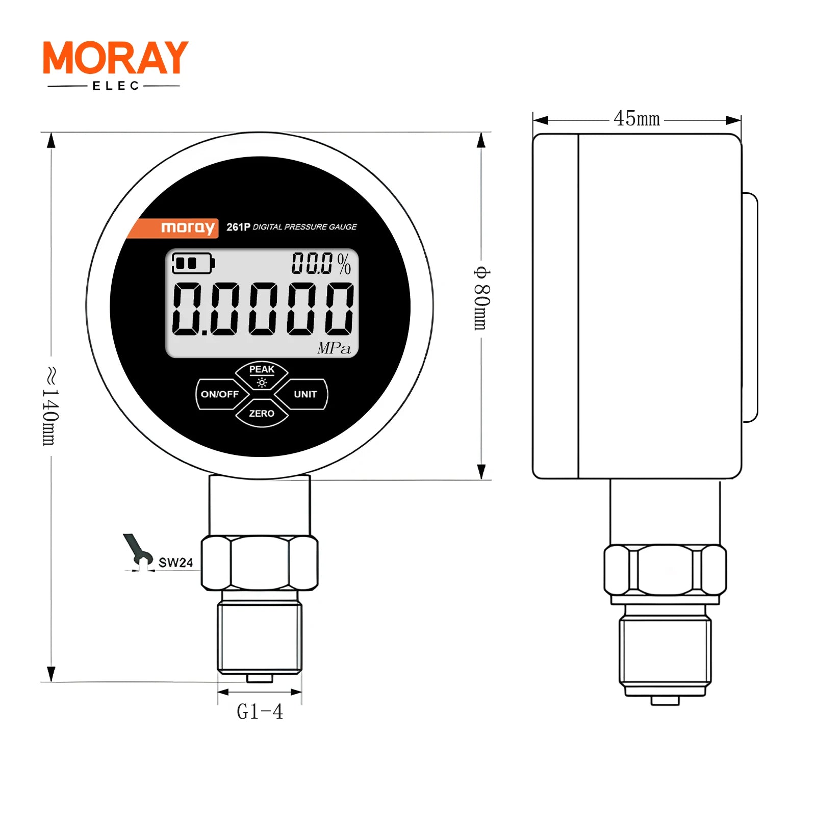 Moray ME261P Air/Water/Oil Digital Pressure Gauge 0.5%FS Stainless Steel Material IP54 Five-Digit Display