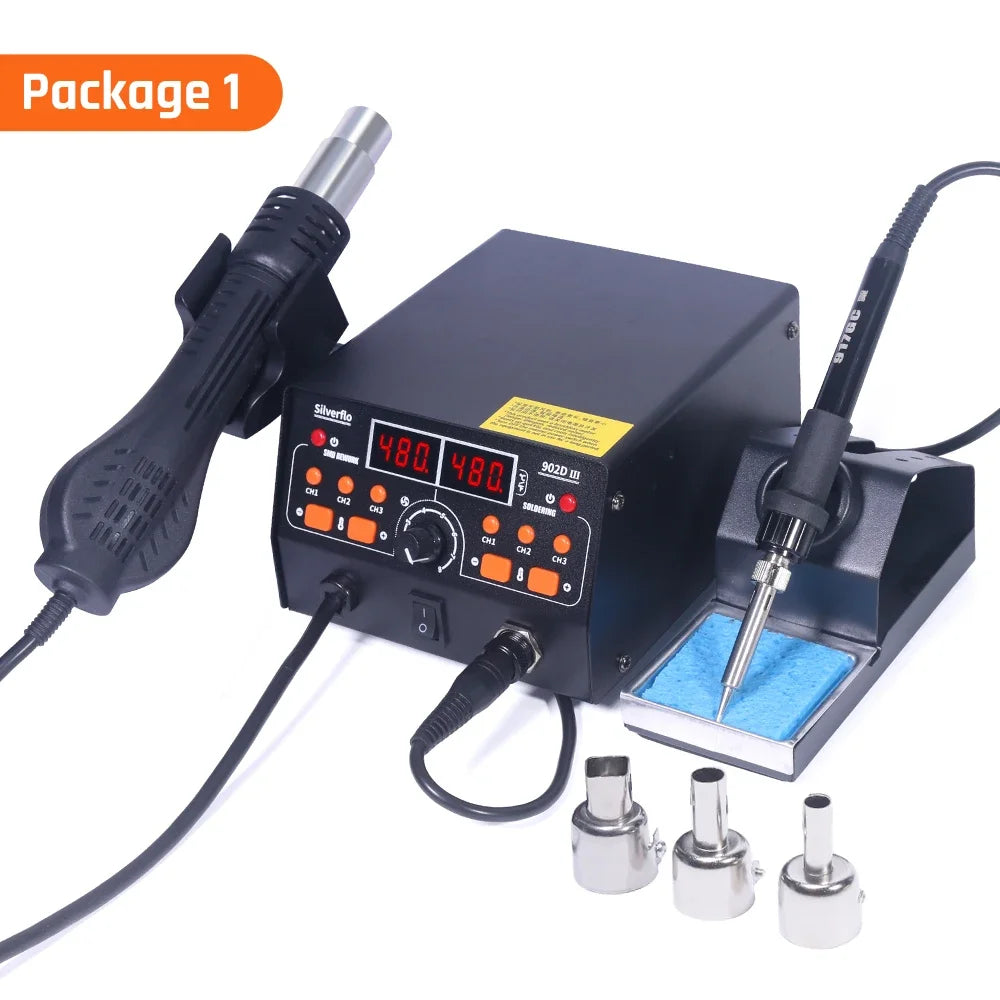 Silverflo 902D-III Soldering Station 2 in 1 Hot Air Soldering Station Rework Station with 3 Preset Channels for SMD PCB Repair